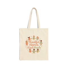 Tote Bag — "Thankful Hearts, Kind Minds" Kids Circle Thanksgiving Canvas Tote
