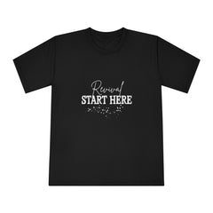 Unisex Classic Crewneck T-Shirt - Motivational Quote 'START HERE', Casual Wear, Gift for Goal Setting, Everyday Comfort, Inspirational Tee