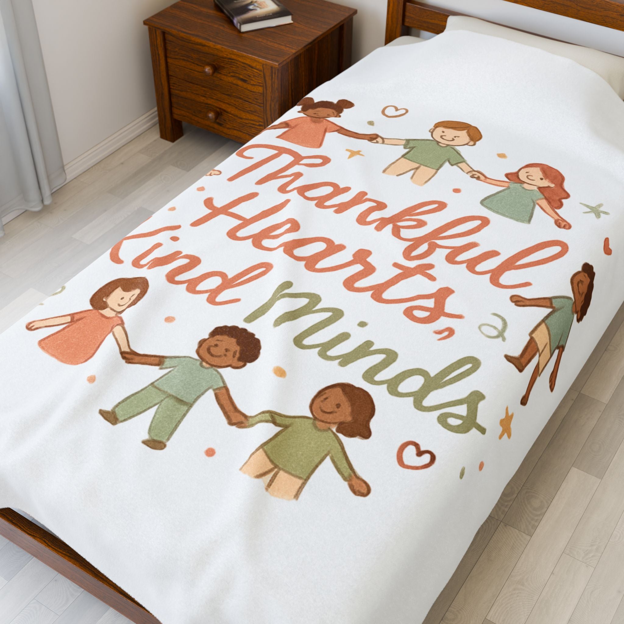 Velveteen Blanket — "Thankful Hearts, Kind Minds" Kids Plush Throw
