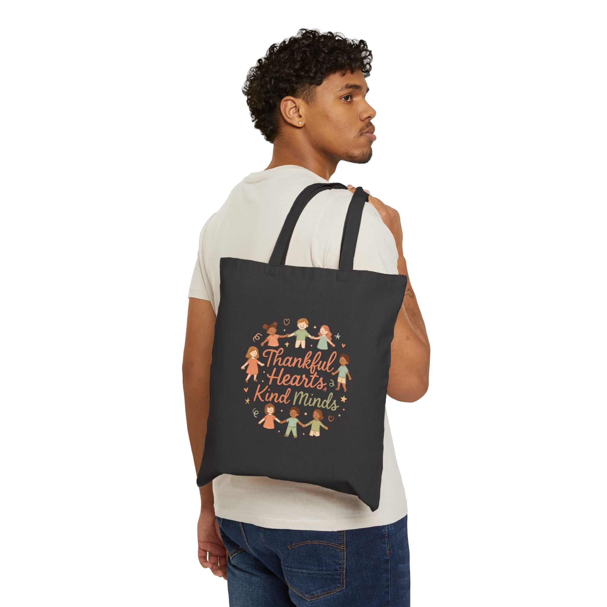Tote Bag — "Thankful Hearts, Kind Minds" Kids Circle Thanksgiving Canvas Tote