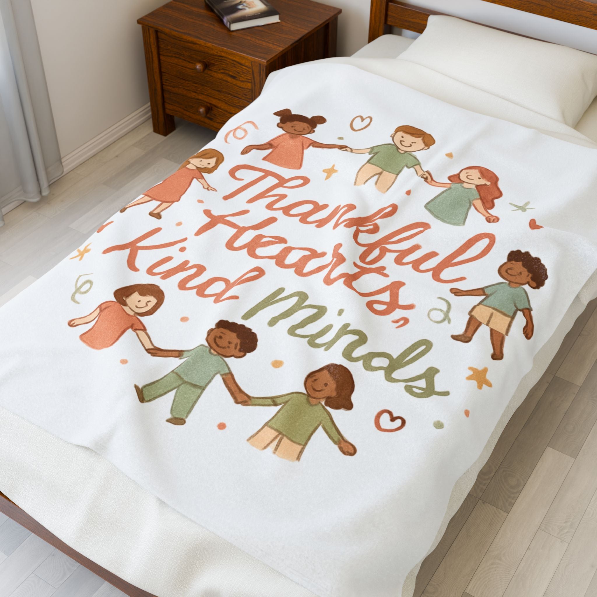 Velveteen Blanket — "Thankful Hearts, Kind Minds" Kids Plush Throw