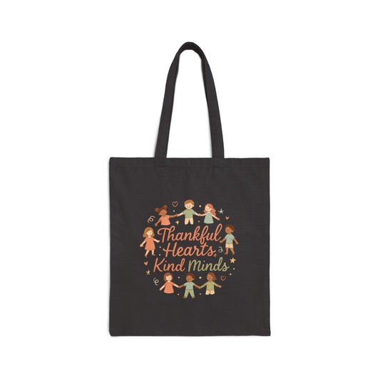 Tote Bag — "Thankful Hearts, Kind Minds" Kids Circle Thanksgiving Canvas Tote