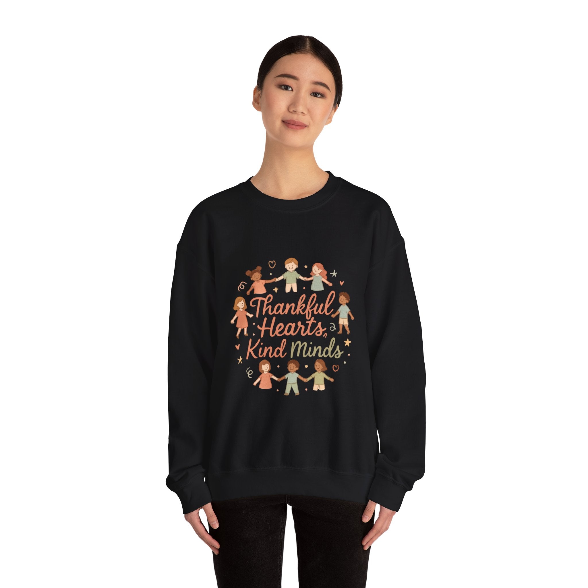 Thankful Hearts Kind Minds Sweatshirt — Kids Diversity Friends Crewneck