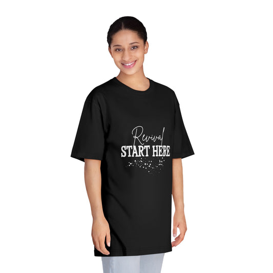 Unisex Classic Crewneck T-Shirt - Motivational Quote 'START HERE', Casual Wear, Gift for Goal Setting, Everyday Comfort, Inspirational Tee